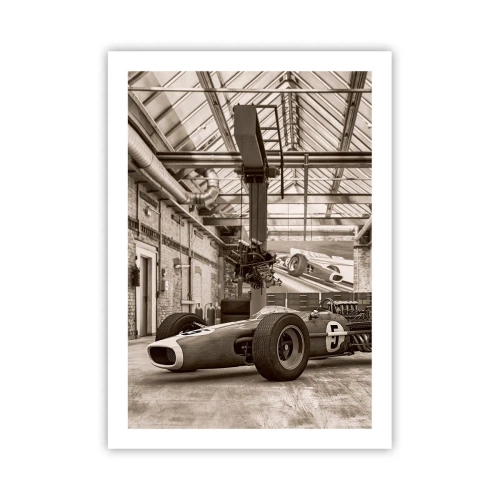 Póster - Un icónico coche de carreras con un interior industrial - 50x70cm - El descanso del vencedor - Decoración de pared moderna para salón y dormitorio ARTTOR