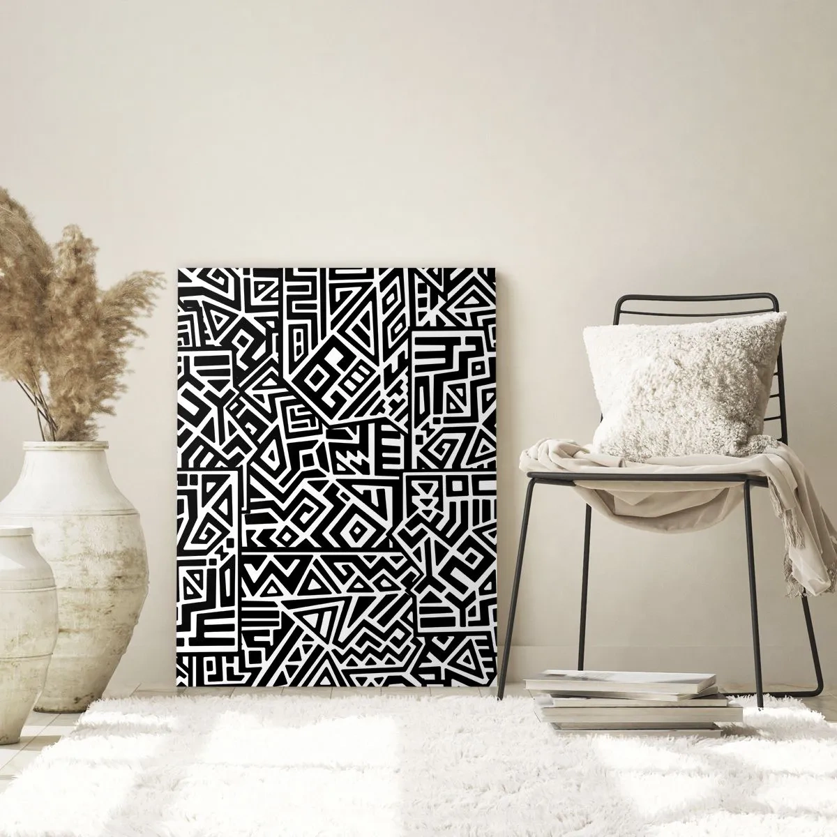Cuadro sobre vidrio - Impresiones sobre Vidrio - Patrones geométricos en blanco y negro inspirados en la cultura precolombina. - 70x100cm - Composición precolombina - Decoración de pared moderna para salón y dormitorio ARTTOR