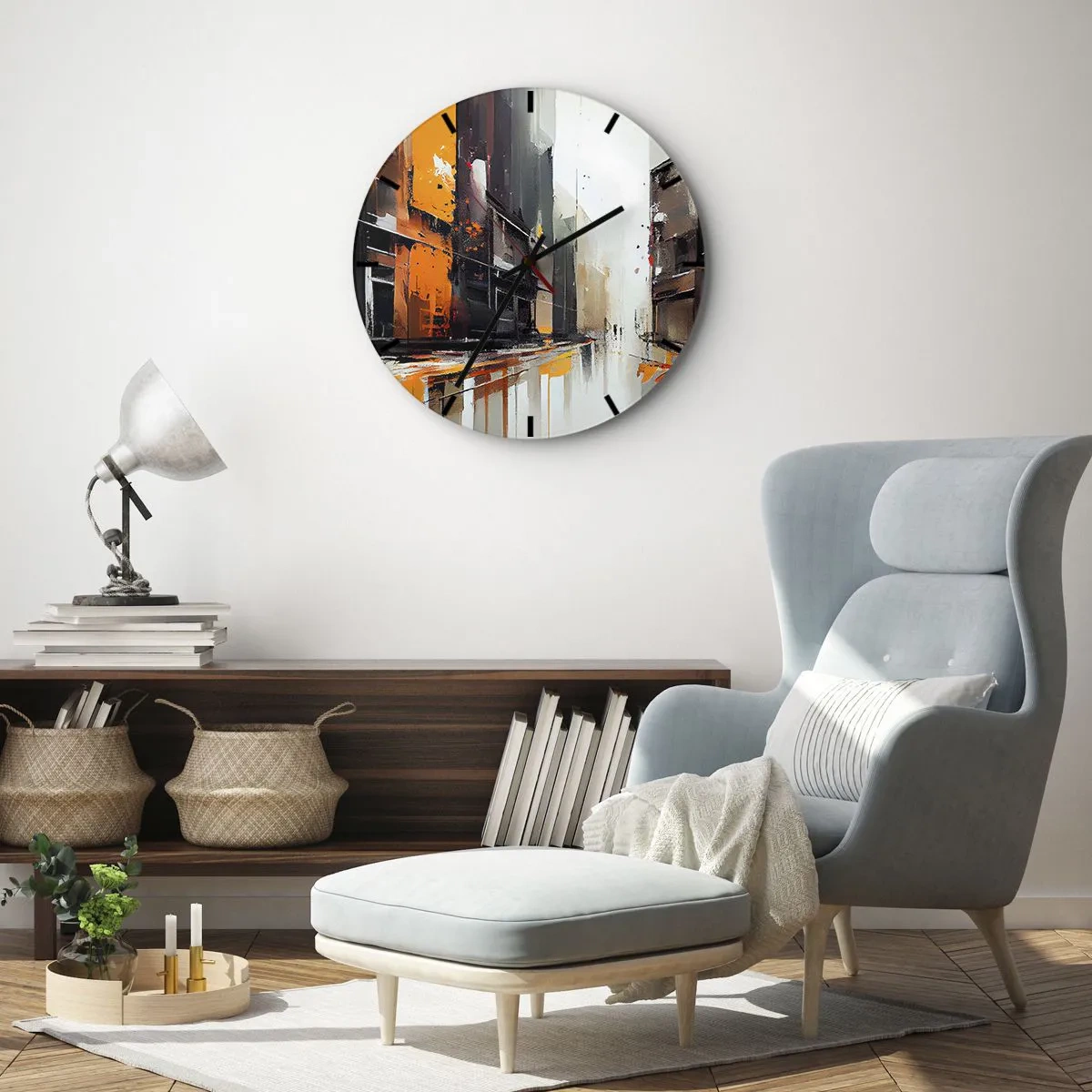Reloj de pared - Reloj de vidrio - Escena abstracta de una calle de la ciudad con luz naranja y lluvia - 30x30cm - Día lluvioso - Decoración de pared moderna para salón, cocina y dormitorio ARTTOR