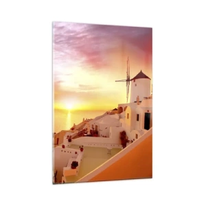 Cuadro sobre vidrio - Impresiones sobre Vidrio - Santorini al atardecer con un molino de viento - 80x120cm - Blanco y dorado - Decoración de pared moderna para salón y dormitorio ARTTOR