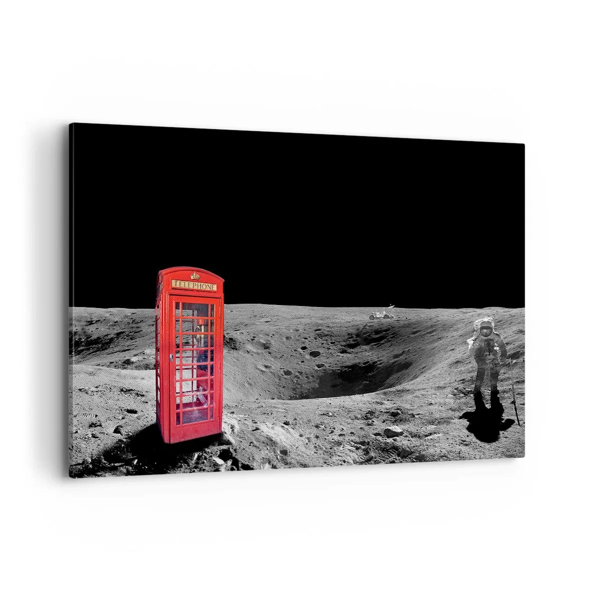 Cuadro sobre lienzo - Impresión de Imagen - Cabina telefónica roja en la luna - 100x70cm - Una broma cósmica - Decoración de pared moderna para salón y dormitorio ARTTOR