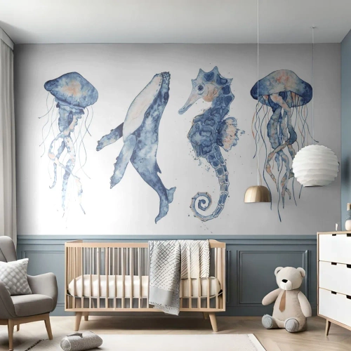 Fotomural Premium Canvas - Medusa, ballena y caballito de mar en estilo acuarela. - 100x70cm - Fauna marina - Decoración de pared moderna para salón y dormitorio ARTTOR