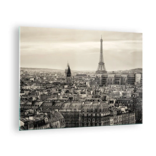 Cuadro sobre vidrio - Impresiones sobre Vidrio - Un panorama de París con vista a la Torre Eiffel en tonos sepia. - 70x50cm - Sobre los tejados de París - Decoración de pared moderna para salón y dormitorio ARTTOR