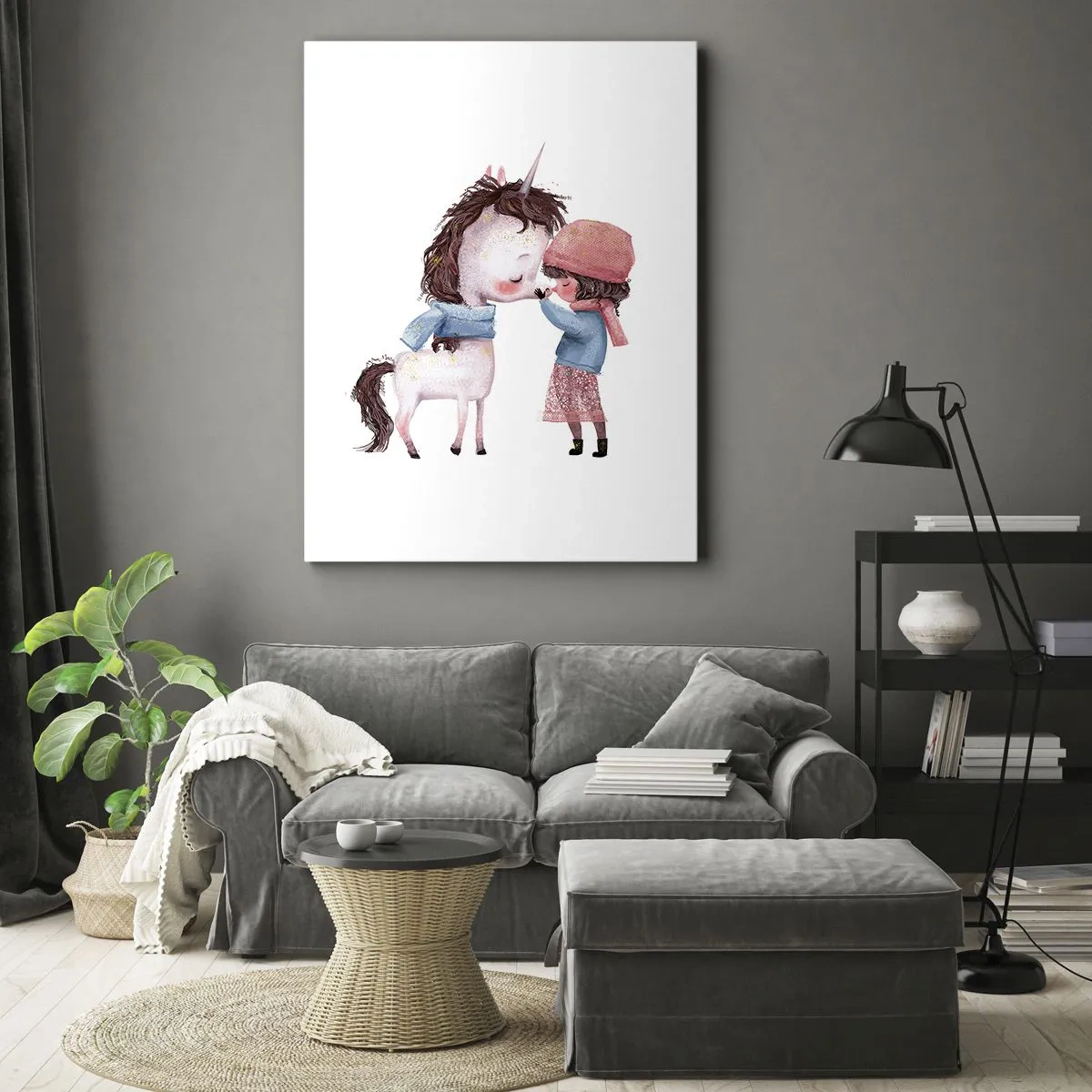 Cuadro sobre lienzo - Impresión de Imagen - Una niña y un unicornio en un paisaje invernal. - 50x70cm - Un cuento de invierno - Decoración de pared moderna para salón y dormitorio ARTTOR