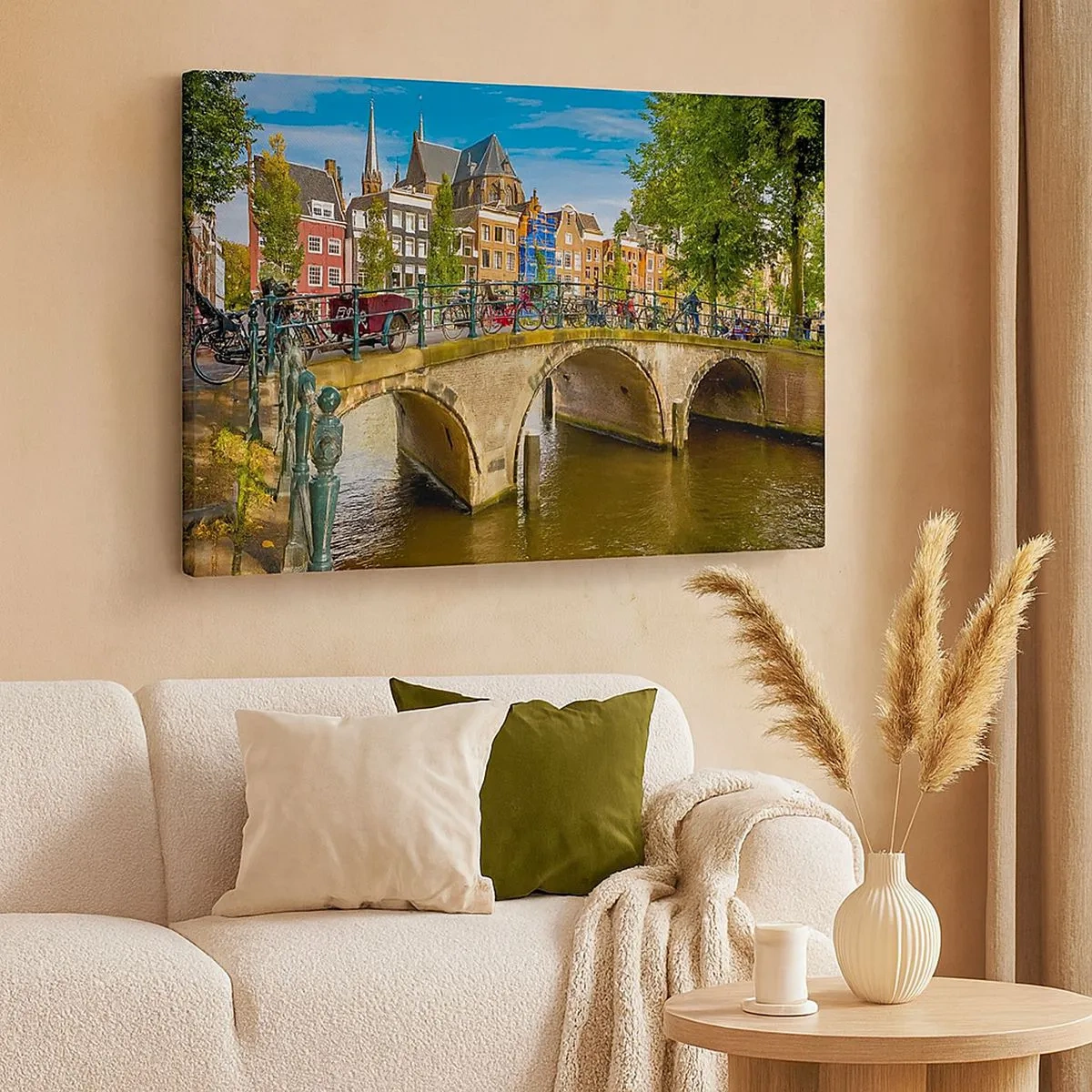 Cuadro sobre lienzo - Impresión de Imagen - Un pintoresco canal con un puente en Ámsterdam. - 70x50cm - Primavera en el canal - Decoración de pared moderna para salón y dormitorio ARTTOR