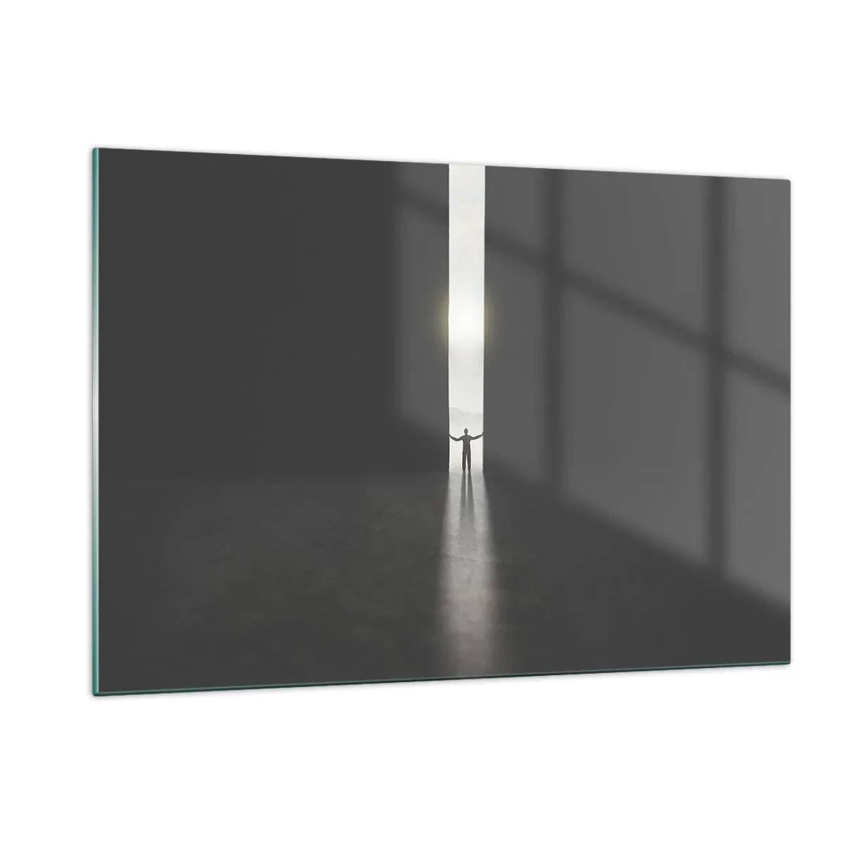 Cuadro sobre vidrio - Impresiones sobre Vidrio - Silueta de un hombre abriendo una puerta a una luz brillante. - 120x80cm - Un paso hacia un futuro brillante - Decoración de pared moderna para salón y dormitorio ARTTOR