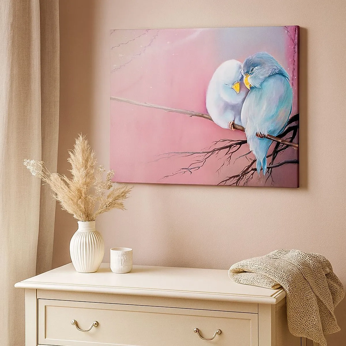 Cuadro sobre lienzo - Impresión de Imagen - Dos pájaros enamorados en una rama sobre un fondo rosa. - 70x50cm - Qué añadir aquí... - Decoración de pared moderna para salón y dormitorio ARTTOR