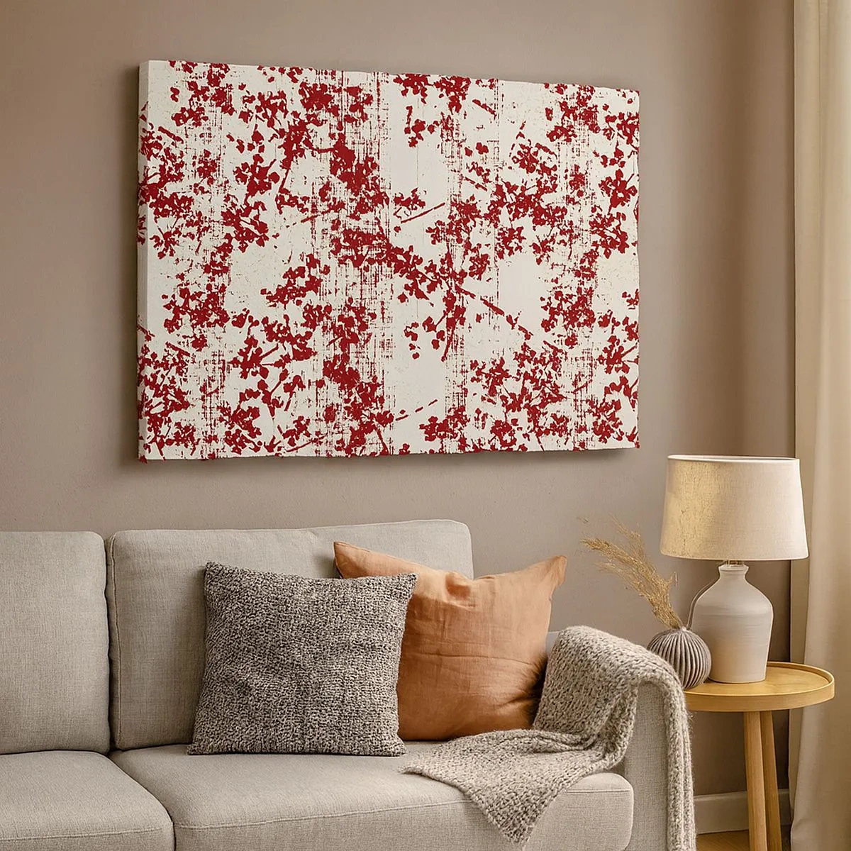 Cuadro sobre lienzo - Impresión de Imagen - Flores rojas sobre un fondo blanco en un estilo artístico. - 70x50cm - Como un viejo percal - Decoración de pared moderna para salón y dormitorio ARTTOR