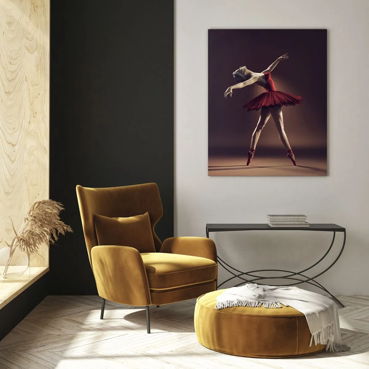 Cuadro sobre vidrio - Impresiones sobre Vidrio - Una bailarina con un vestido rojo en una pose dinámica. - 50x70cm - Primera bailarina - Decoración de pared moderna para salón y dormitorio ARTTOR