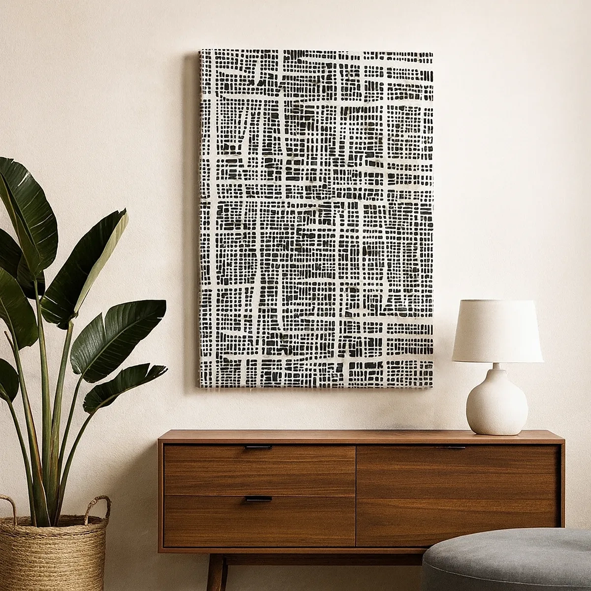 Cuadro sobre lienzo - Impresión de Imagen - Un patrón geométrico que se asemeja a una cuadrícula sobre un fondo claro. - 50x70cm - Composición del tejido - Decoración de pared moderna para salón y dormitorio ARTTOR