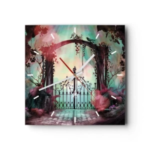 Reloj de pared - Reloj de vidrio - Una entrada mágica con una puerta de hierro forjado rodeada de vegetación misteriosa. - 30x30cm - Jardín secreto - Decoración de pared moderna para salón y dormitorio ARTTOR