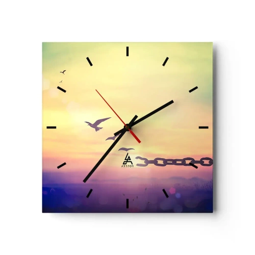 Reloj de pared - Reloj de vidrio - Símbolo de libertad con pájaros y una cadena rota. - 30x30cm - Victoria de la libertad - Decoración de pared moderna para salón y dormitorio ARTTOR