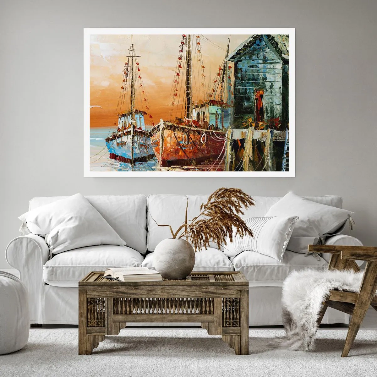 Póster - Barcos en la orilla bajo la cálida luz del atardecer. - 100x70cm - Regreso pacífico - Decoración de pared moderna para salón y dormitorio ARTTOR