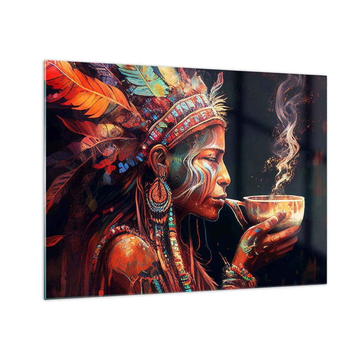 Cuadro sobre vidrio - Impresiones sobre Vidrio - Una figura con un tocado de plumas bebiendo una poción en una atmósfera mística. - 70x50cm - Un ritual mágico - Decoración de pared moderna para salón y dormitorio ARTTOR