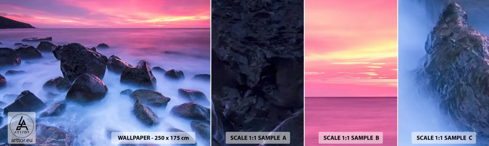 Muestra de fotomural autoadhesivo Deluxe Sticker - Nacimiento en la luz y la niebla - Paisaje, Océano, Atardecer - 100x30 cm