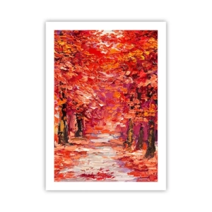 Póster - Un pintoresco callejón otoñal en tonos rojos. - 50x70cm - Una impresión otoñal - Decoración de pared moderna para salón y dormitorio ARTTOR