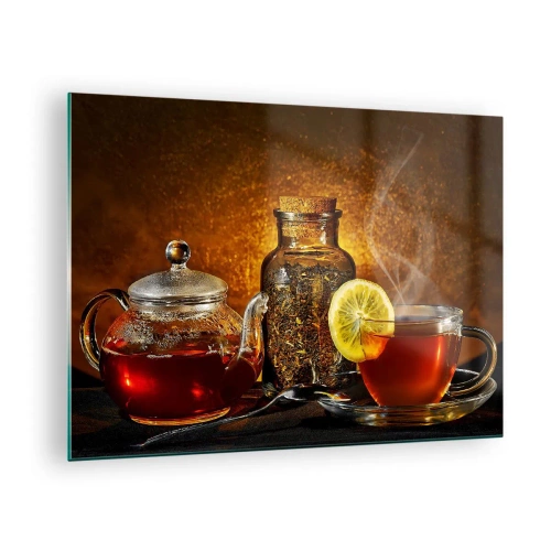 Cuadro sobre vidrio - Impresiones sobre Vidrio - Una tetera de cristal y una taza de té con limón. - 70x50cm - Al estilo de los maestros holandeses - Decoración de pared moderna para salón y dormitorio ARTTOR