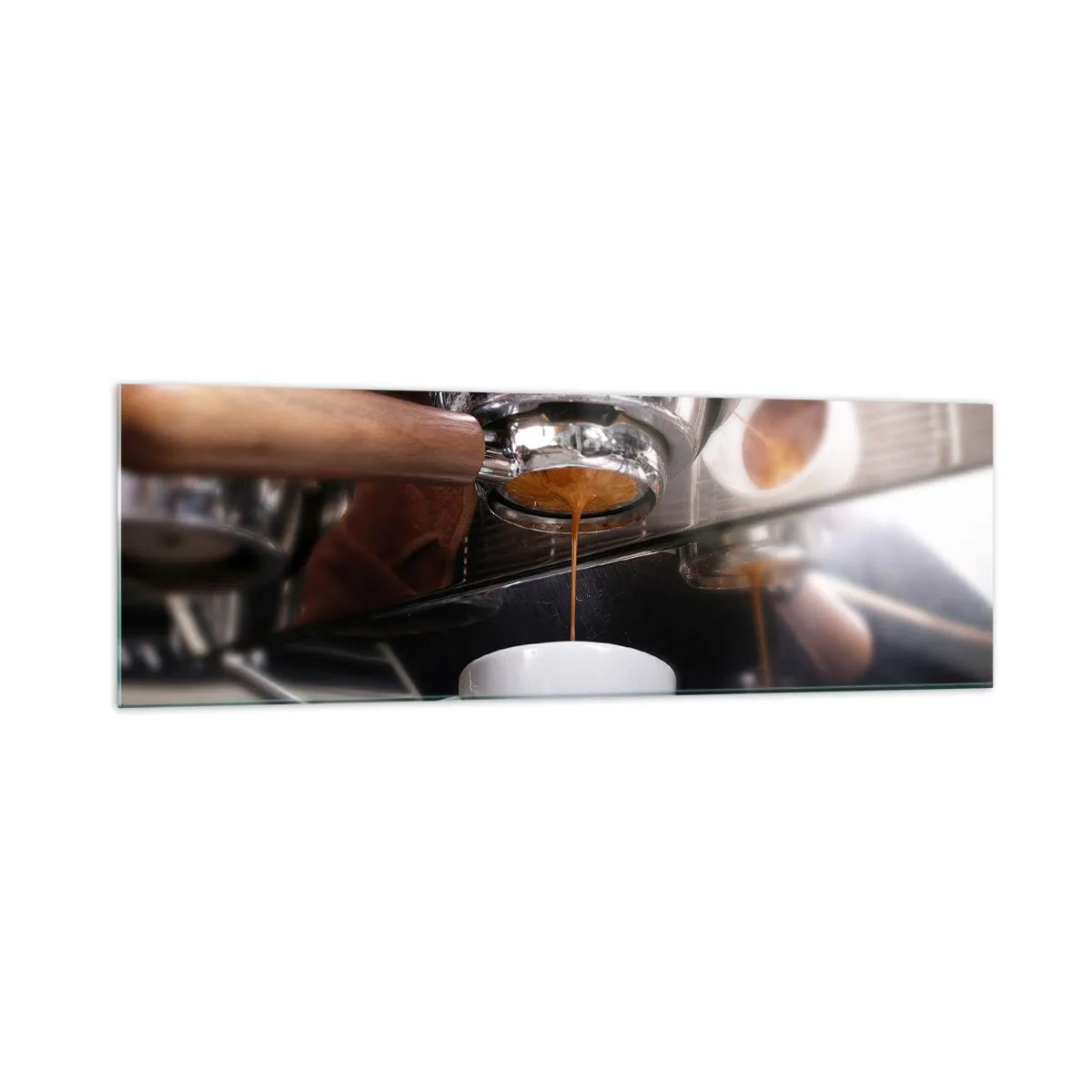 Cuadro sobre vidrio - Impresiones sobre Vidrio - Primer plano de una máquina de café preparando una dosis fresca de espresso - 160x50cm - El mejor momento del día - Decoración de pared moderna para salón y dormitorio ARTTOR