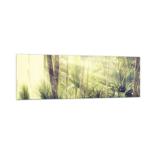 Cuadro sobre vidrio - Impresiones sobre Vidrio - Rayos de sol en un bosque tropical de palmeras - 160x50cm - En el cálido verde - Decoración de pared moderna para salón y dormitorio ARTTOR