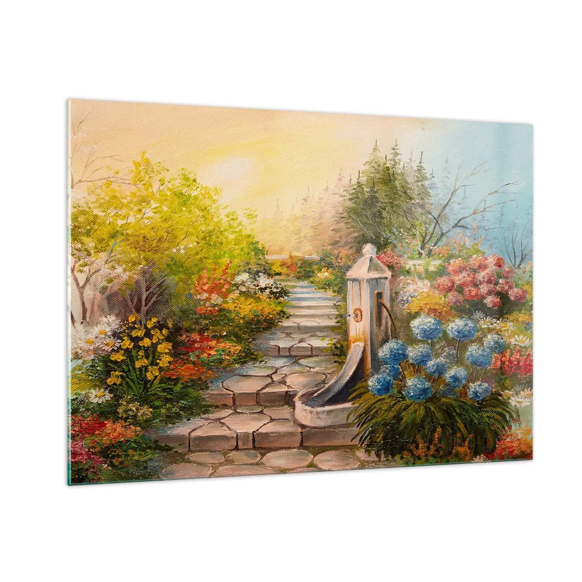 Cuadro sobre vidrio - Impresiones sobre Vidrio - Un jardín de flores con una fuente en plena floración. - 100x70cm - En plena floración - Decoración de pared moderna para salón y dormitorio ARTTOR