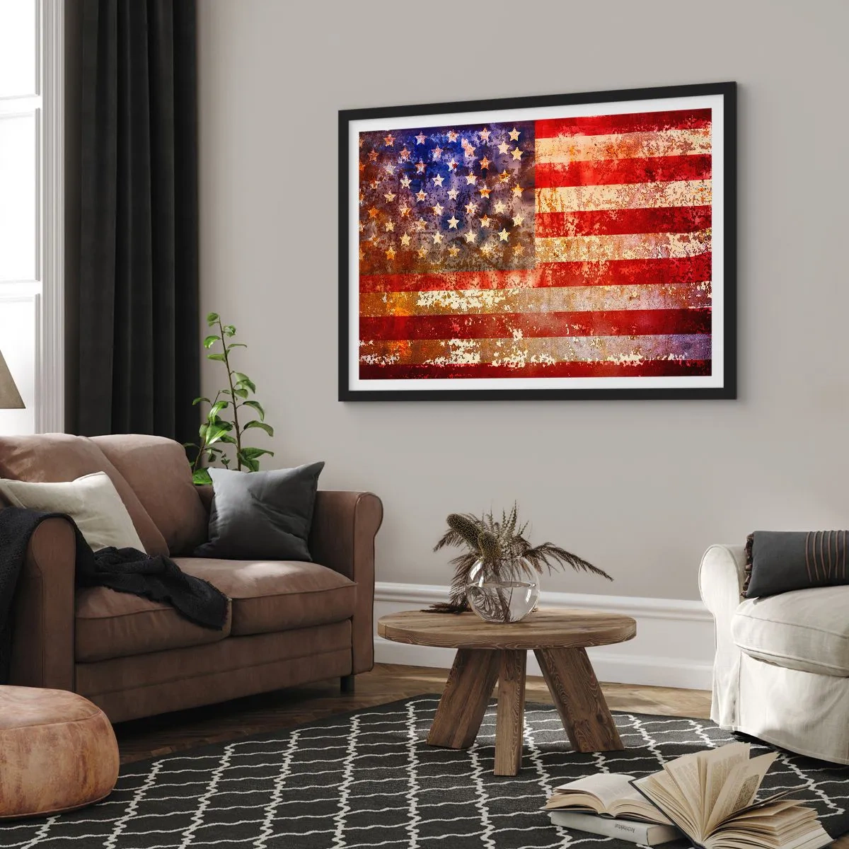 Póster en marco negro - Bandera estadounidense estilizada con efecto envejecido - 100x70cm - La gloria no pasa - Decoración de pared moderna para salón y dormitorio ARTTOR
