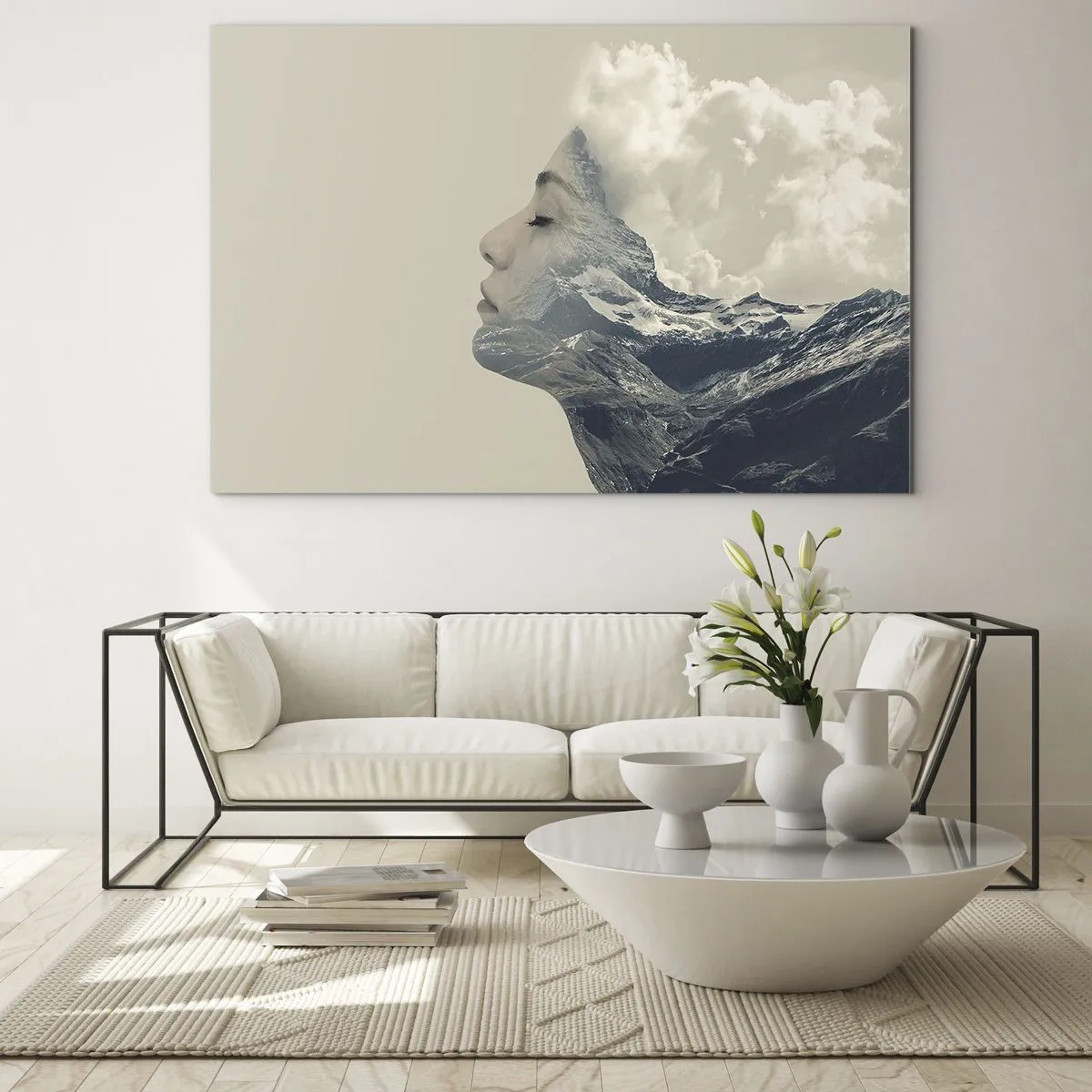 Cuadro sobre vidrio - Impresiones sobre Vidrio - Perfil de mujer con un paisaje de montañas y nubes al fondo. - 70x50cm - La belleza de los elementos - Decoración de pared moderna para salón y dormitorio ARTTOR