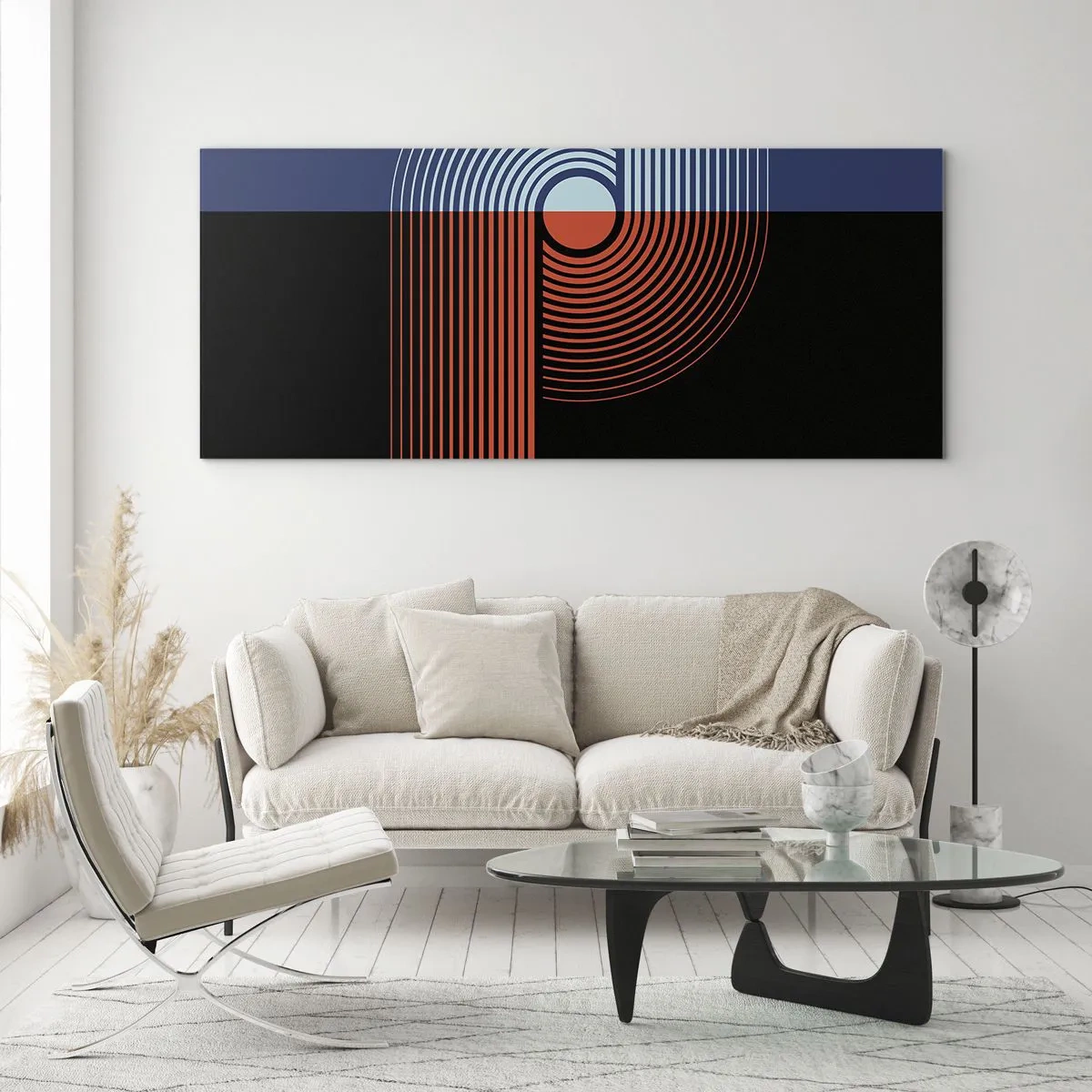 Cuadro sobre vidrio - Impresiones sobre Vidrio - Abstracción geométrica con líneas en azul marino y naranja. - 140x50cm - En un abrazo geométrico - Decoración de pared moderna para salón y dormitorio ARTTOR