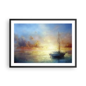 Póster en marco negro - Un yate en un mar tranquilo al atardecer. - 70x50cm - En una bahía dorada - Decoración de pared moderna para salón y dormitorio ARTTOR