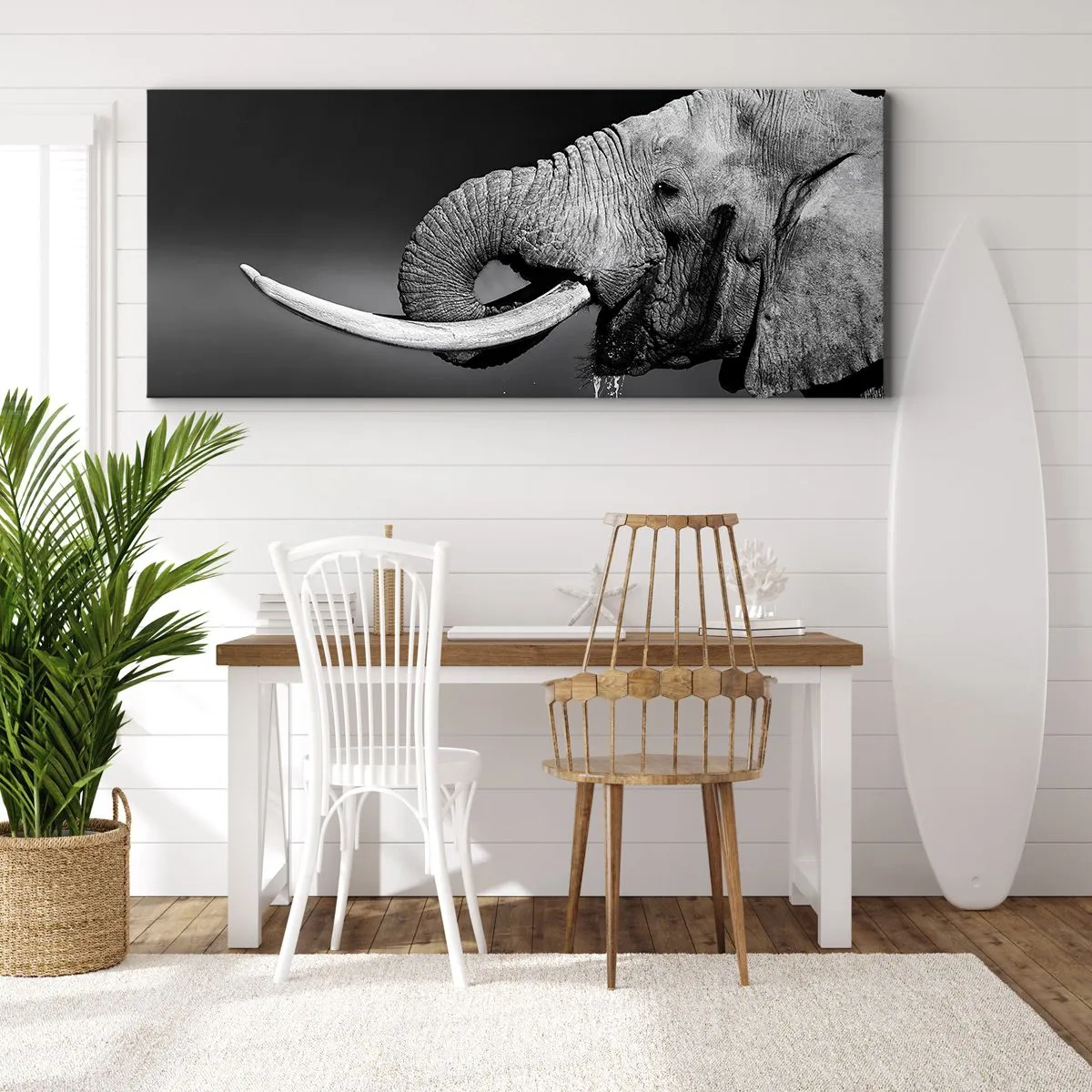 Cuadro sobre lienzo - Impresión de Imagen - Retrato en blanco y negro de un elefante de perfil. - 140x50cm - Majestuoso - Decoración de pared moderna para salón y dormitorio ARTTOR
