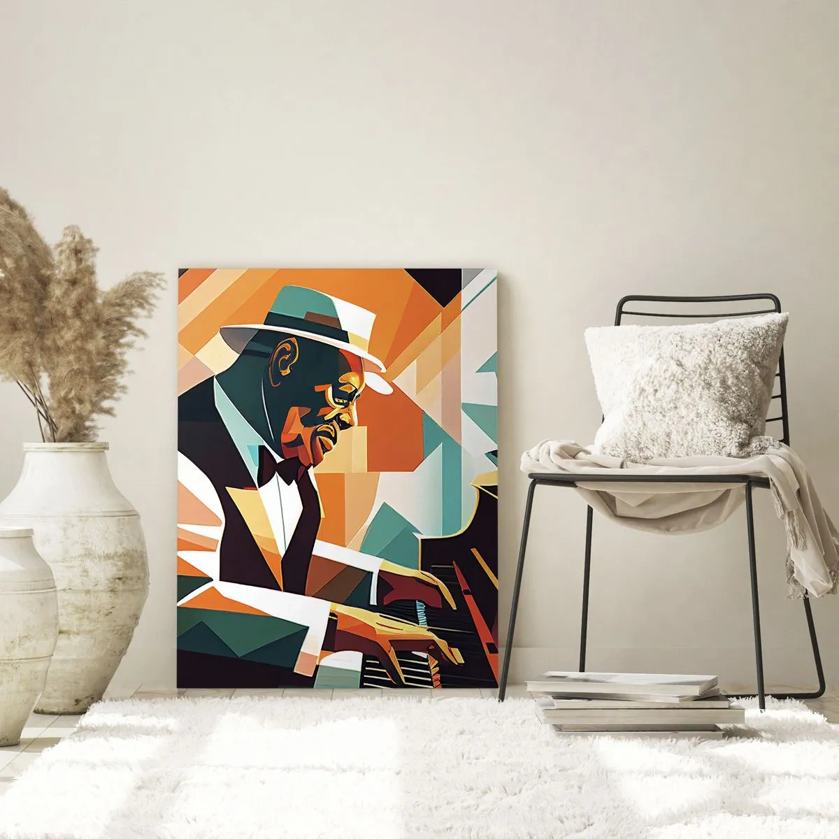 Cuadro sobre vidrio - Impresiones sobre Vidrio - Un retrato colorido de un pianista de estilo jazz. - 50x70cm - Todo ese jazz que llevas dentro - Decoración de pared moderna para salón y dormitorio ARTTOR