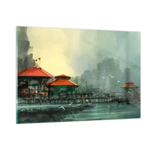 Cuadro sobre vidrio - Impresiones sobre Vidrio - Edificios portuarios con tejados rojos contra la niebla - 120x80cm - Un día soleado en el puerto - Decoración de pared moderna para salón y dormitorio ARTTOR