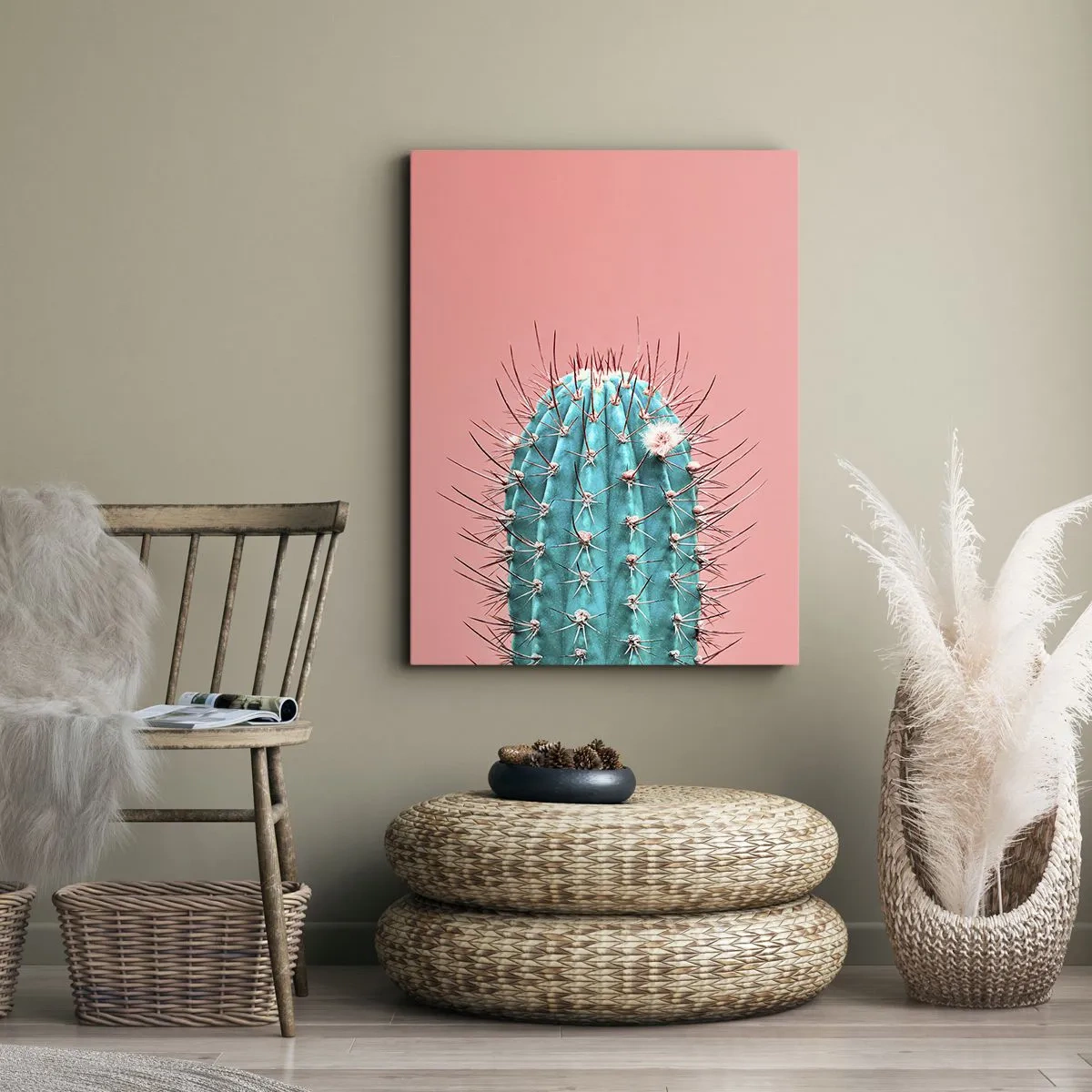 Cuadro sobre lienzo - Impresión de Imagen - Una versión artística de un cactus sobre un fondo rosa. - 50x70cm - Se mira, pero no se toca - Decoración de pared moderna para salón y dormitorio ARTTOR