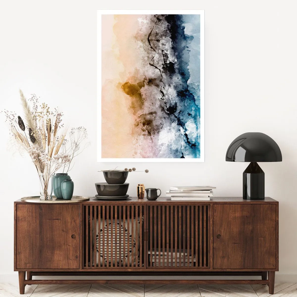 Póster - Composición abstracta en tonos azules y beige. - 50x70cm - Hundido en una nube de niebla - Decoración de pared moderna para salón y dormitorio ARTTOR