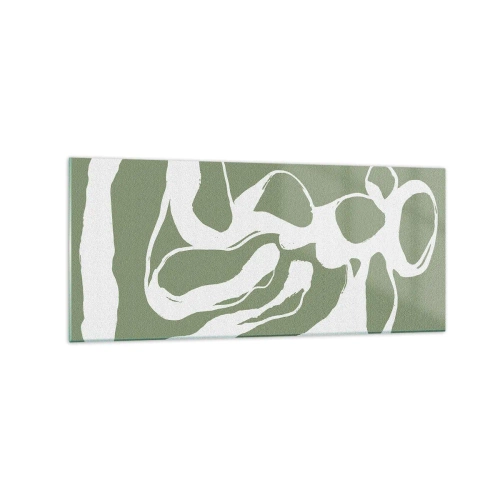Cuadro sobre vidrio - Impresiones sobre Vidrio - Formas orgánicas en blanco sobre fondo verde. - 120x50cm - La llamada del espacio - Decoración de pared moderna para salón y dormitorio ARTTOR