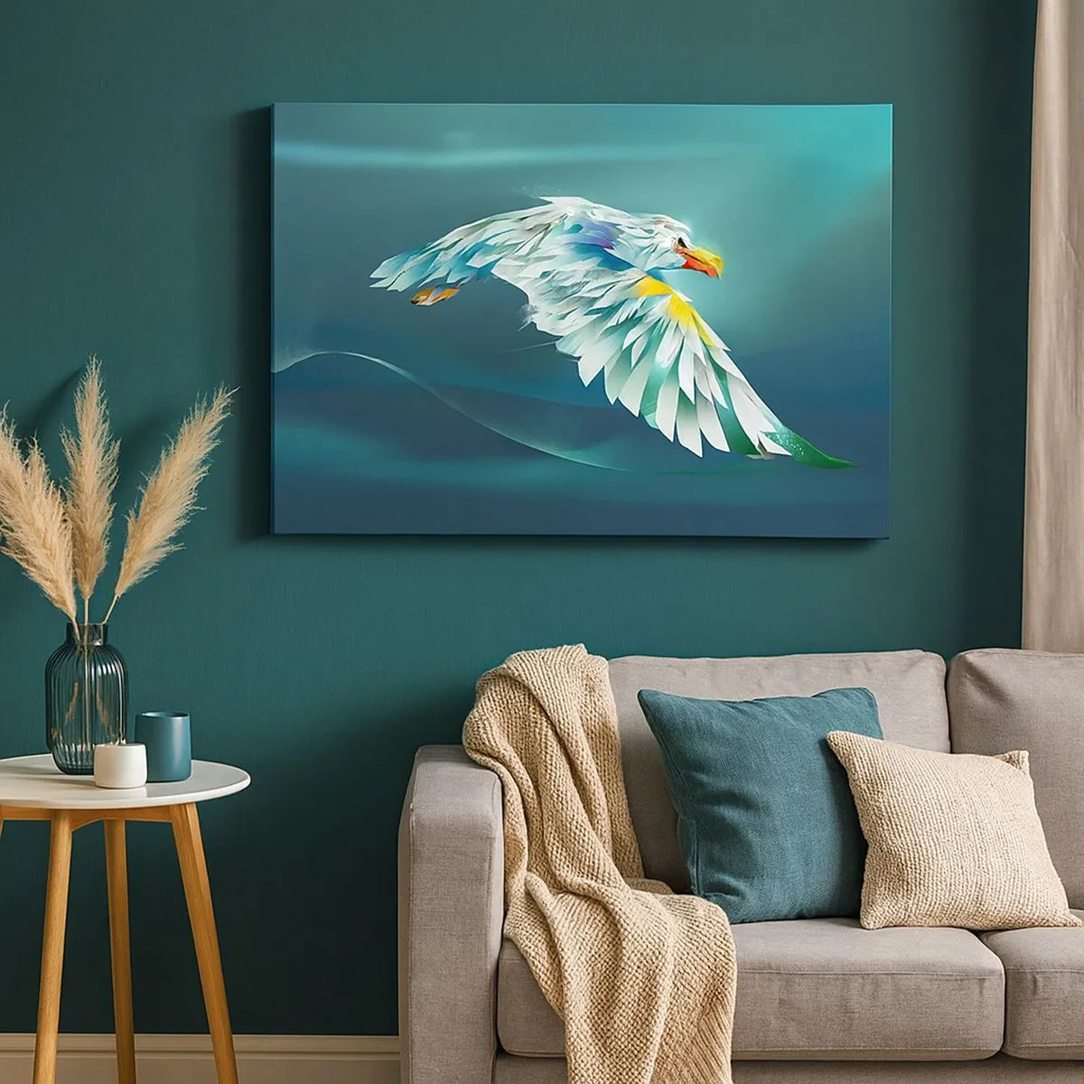 Cuadro sobre lienzo - Impresión de Imagen - Águila abstracta en vuelo contra un cielo turquesa - 70x50cm - El poder del vuelo del águila - Decoración de pared moderna para salón y dormitorio ARTTOR