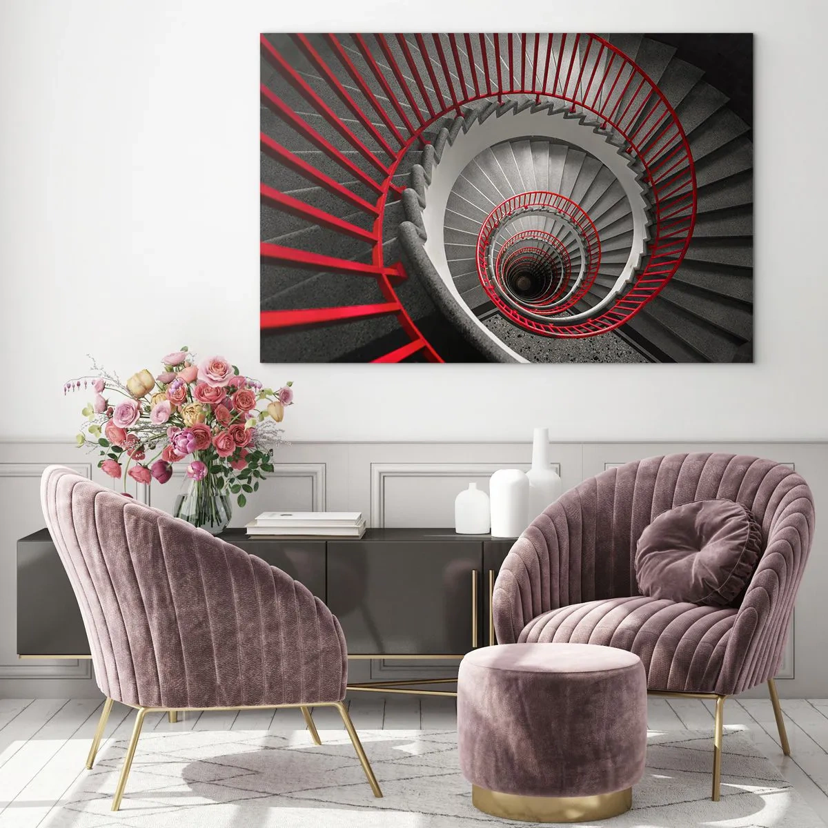 Cuadro sobre vidrio - Impresiones sobre Vidrio - Escalera de caracol con pasamanos rojos en perspectiva - 70x50cm - Juegos arquitectónicos - Decoración de pared moderna para salón y dormitorio ARTTOR