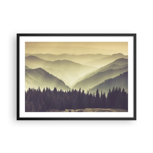Póster en marco negro - Pintorescas cadenas montañosas envueltas en niebla y con una luz cálida - 70x50cm - Más allá de las siete montañas... - Decoración de pared moderna para salón y dormitorio ARTTOR