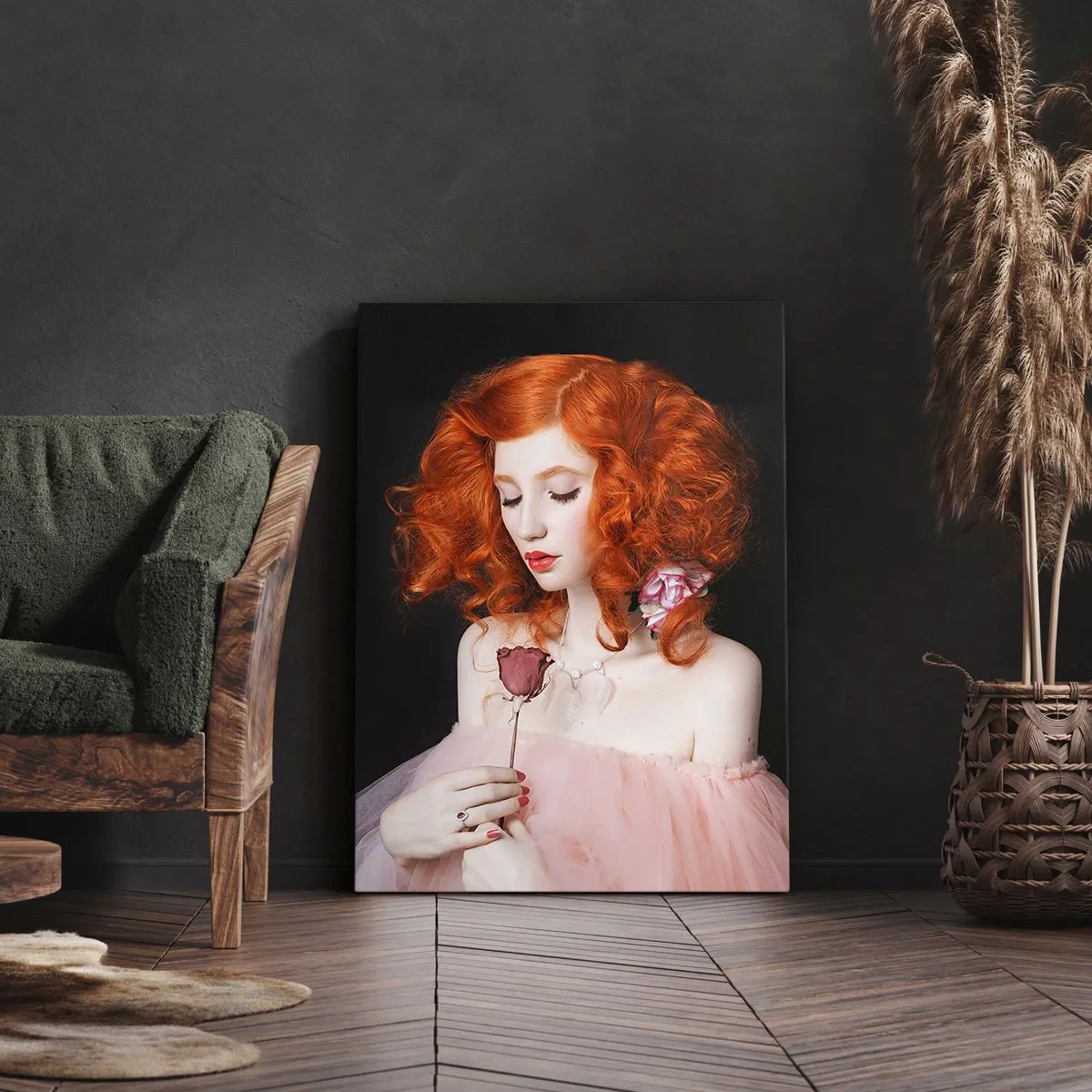 Cuadro sobre lienzo - Impresión de Imagen - Una mujer con cabello rojo sosteniendo una rosa. - 50x70cm - En estilo barroco - Decoración de pared moderna para salón y dormitorio ARTTOR