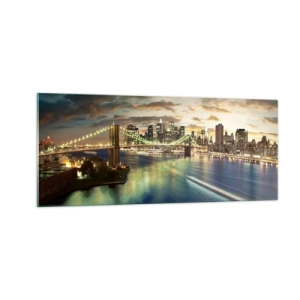 Cuadro sobre vidrio - Impresiones sobre Vidrio - Un atardecer iluminado sobre Manhattan - 100x40 cm