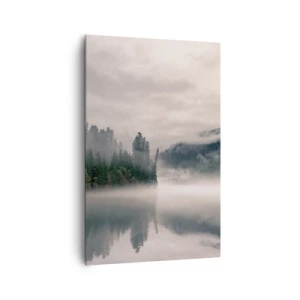 Cuadro sobre lienzo - Impresión de Imagen - Un bosque brumoso reflejado en un lago tranquilo. - 80x120cm - En el ensueño, en la niebla - Decoración de pared moderna para salón y dormitorio ARTTOR