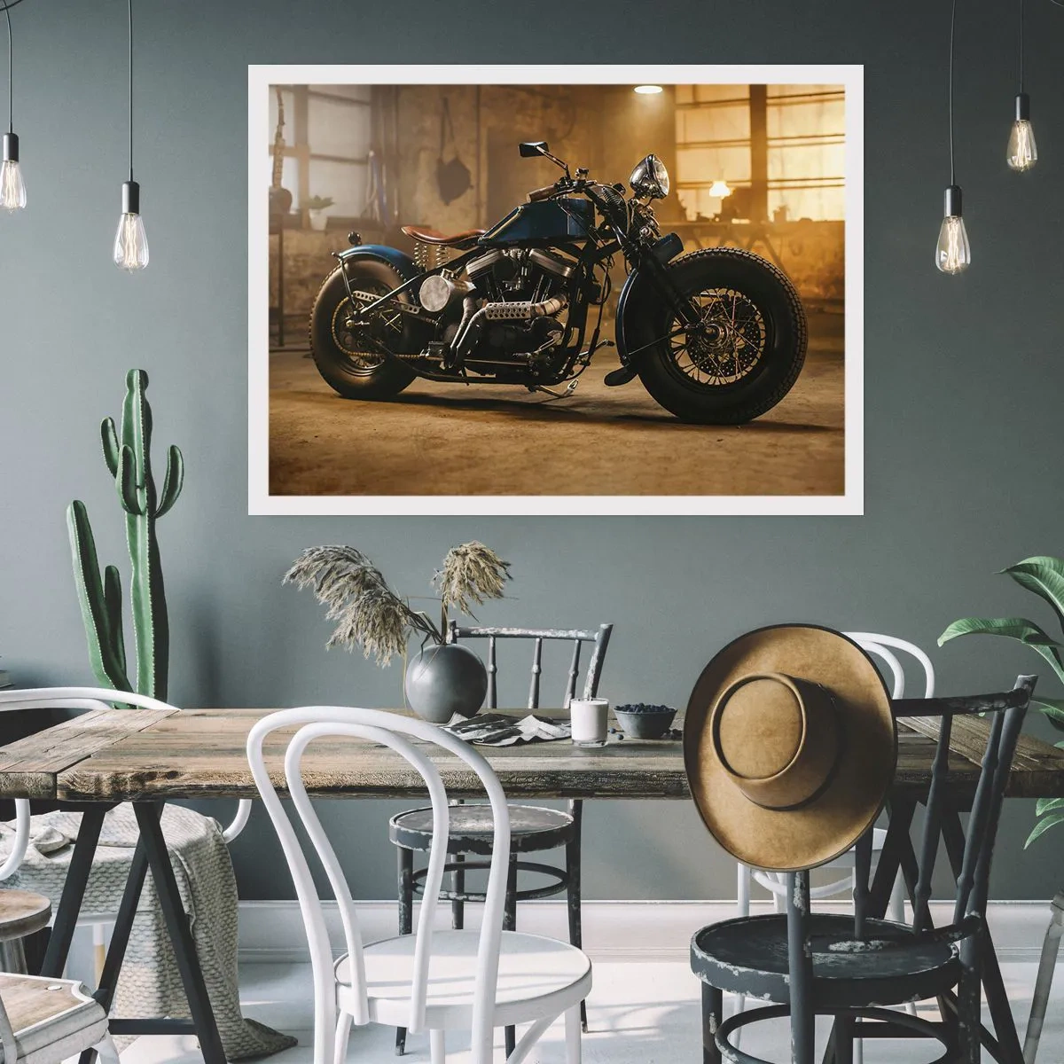 Póster - Una motocicleta elegante en un interior industrial con iluminación cálida. - 100x70cm - Puedo hacer cualquier cosa - Decoración de pared moderna para salón y dormitorio ARTTOR