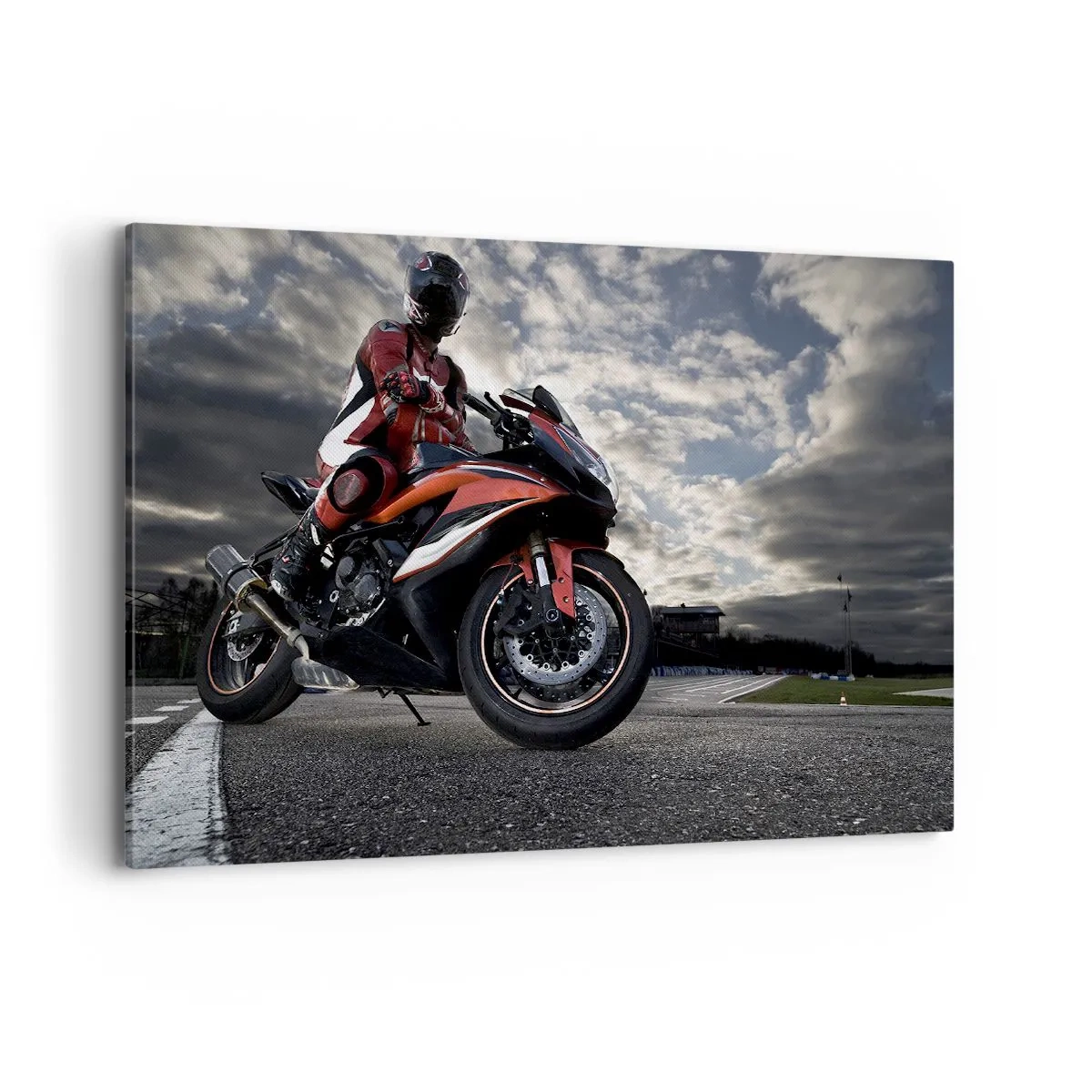 Cuadro sobre lienzo - Impresión de Imagen - Un motociclista en una motocicleta deportiva contra un cielo nublado. - 120x80cm - Motorista oscuro - Decoración de pared moderna para salón y dormitorio ARTTOR