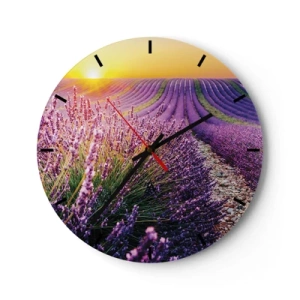 Reloj de pared - Reloj de vidrio - Campo de lavanda al atardecer con un camino rocoso. - 30x30cm - Pradera fragante - Decoración de pared moderna para salón, cocina y dormitorio ARTTOR