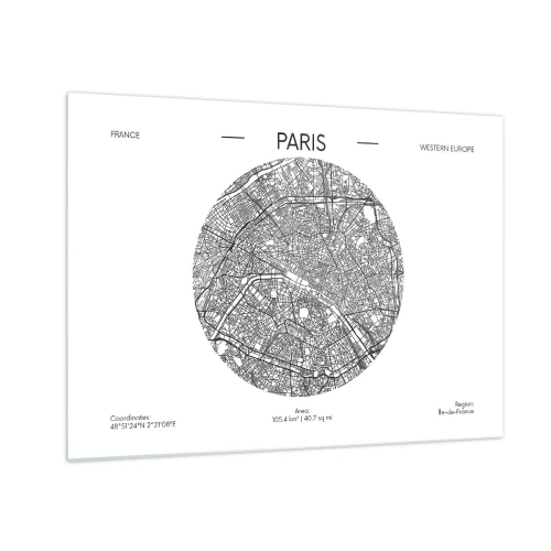 Cuadro sobre vidrio - Impresiones sobre Vidrio - Un mapa circular de París en una ilustración en blanco y negro - 70x50cm - Anatomía de París - Decoración de pared moderna para salón y dormitorio ARTTOR