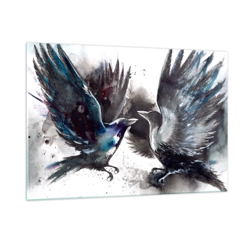 Cuadro sobre vidrio - Impresiones sobre Vidrio - Dos cuervos en una pose dinámica con las alas extendidas. - 120x80cm - De cuervo a cuervo... - Decoración de pared moderna para salón y dormitorio ARTTOR