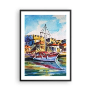 Póster en marco negro - Una colorida pintura de acuarela de un yate en un pueblo costero. - 50x70cm - Tarde de arco iris - Decoración de pared moderna para salón y dormitorio ARTTOR