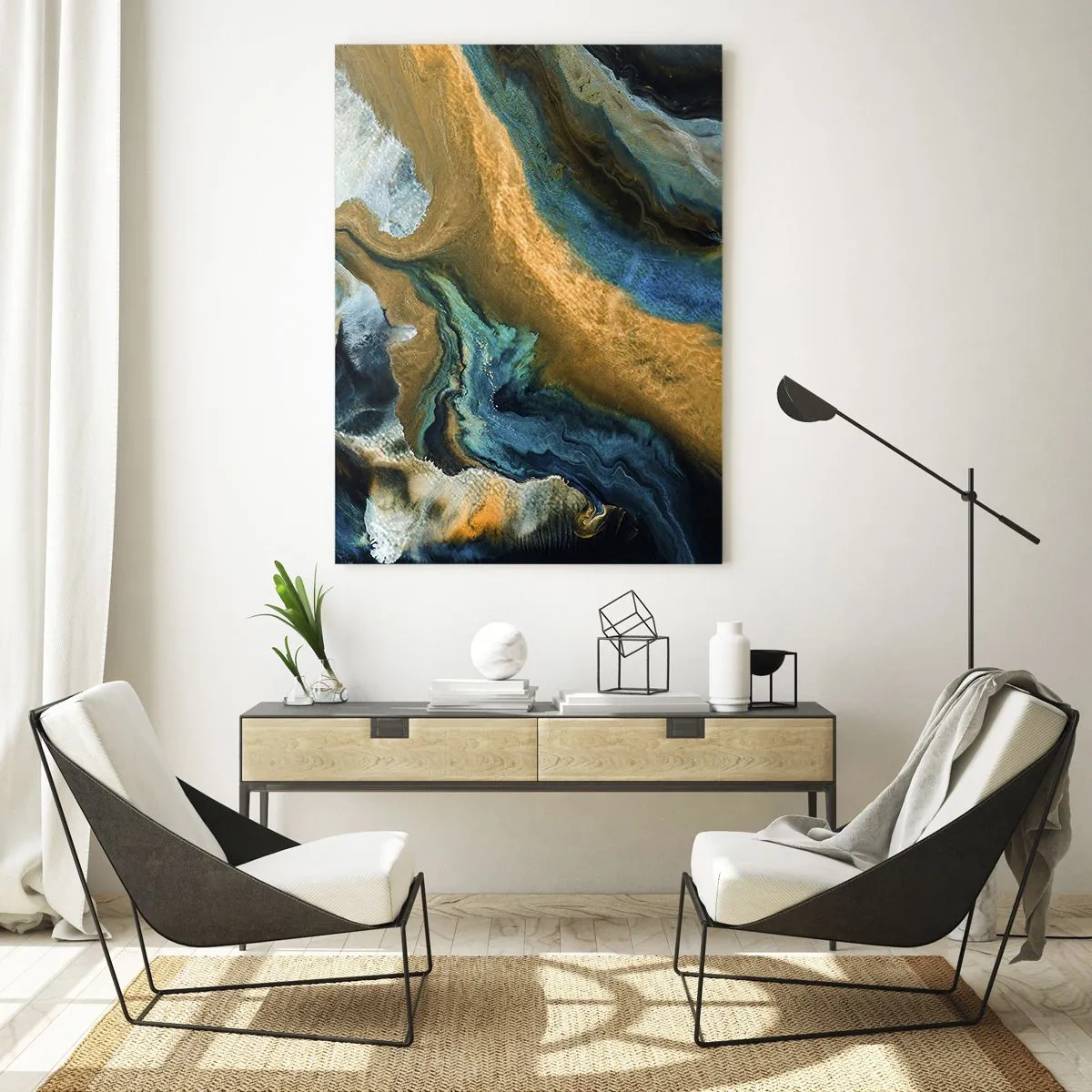 Cuadro sobre vidrio - Impresiones sobre Vidrio - Ondas abstractas en tonos dorados y azules. - 70x100cm - Azul - amarillo - influencia mutua - Decoración de pared moderna para salón y dormitorio ARTTOR