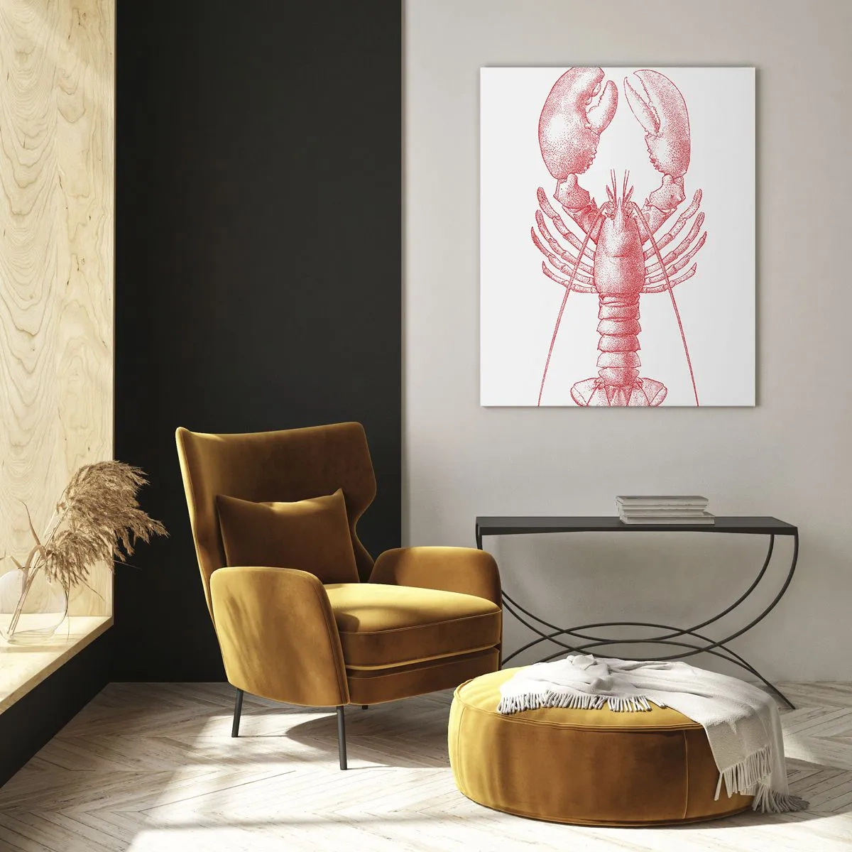 Cuadro sobre vidrio - Impresiones sobre Vidrio - Boceto de una langosta en rojo sobre un fondo claro. - 50x70cm - La reina de los fondos rocosos - Decoración de pared moderna para salón y dormitorio ARTTOR