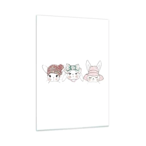 Cuadro sobre vidrio - Impresiones sobre Vidrio - Lindos conejitos con sombreros y lazos - 50x70cm - Reflexión, tristeza, alegría - Decoración de pared moderna para salón y dormitorio ARTTOR
