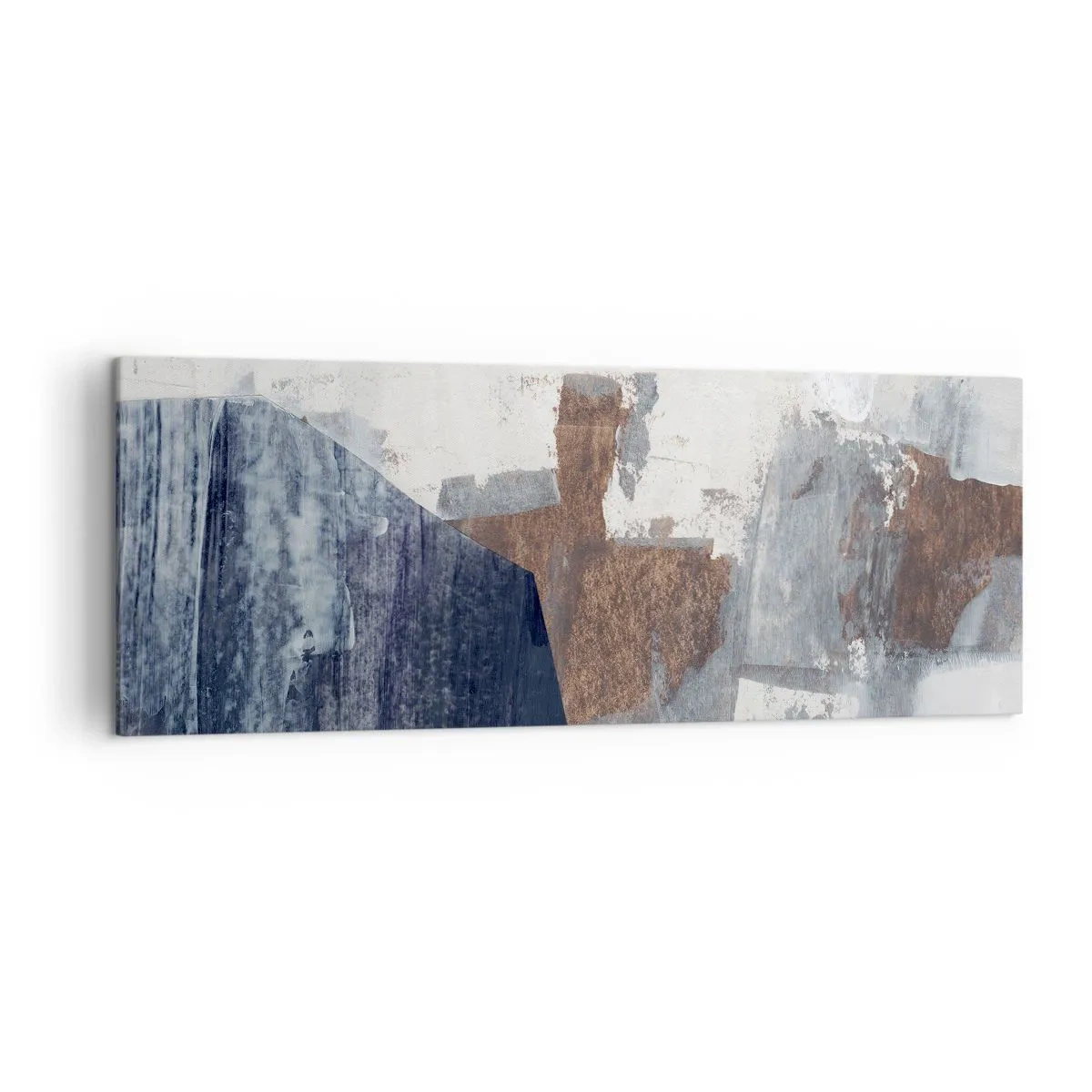 Cuadro sobre lienzo - Impresión de Imagen - Formas abstractas en tonos azules y marrones. - 140x50cm - Formas azules y marrones - Decoración de pared moderna para salón y dormitorio ARTTOR